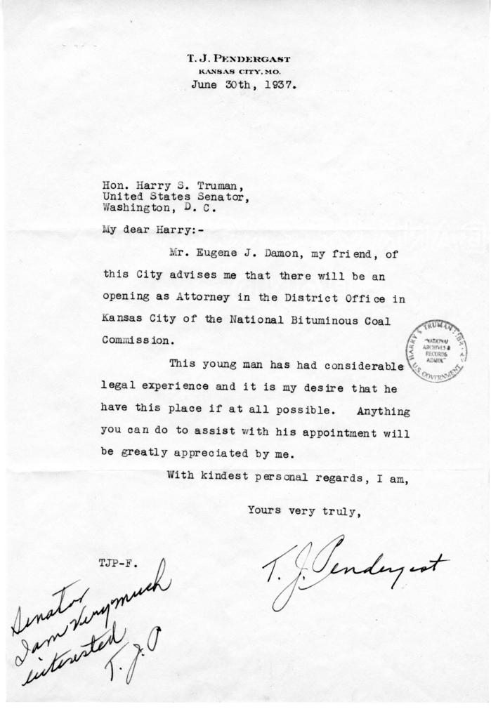 Correspondence between Harry S. Truman and Thomas J. Pendergast, with attachment