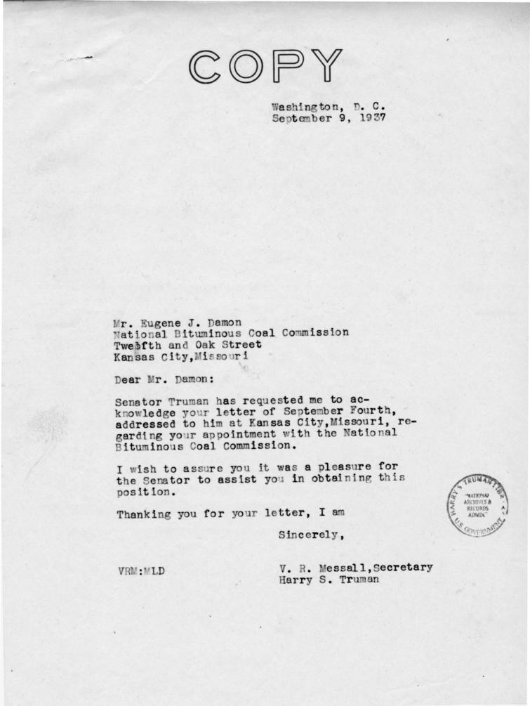 Eugene Damon to Harry S. Truman, with reply from Victor R. Messall