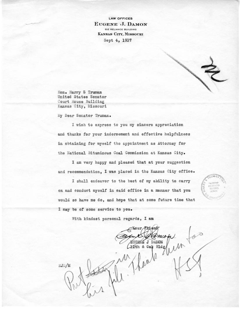 Eugene Damon to Harry S. Truman, with reply from Victor R. Messall