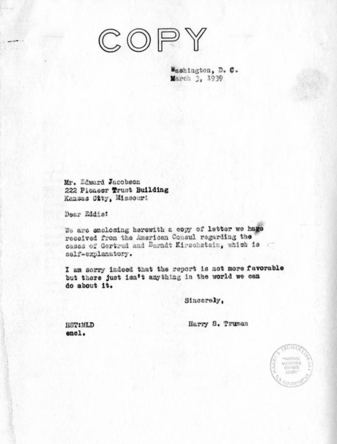 Harry S. Truman to Eddie Jacobson, with attachment