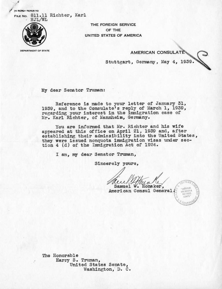 Samuel Honaker to Harry S. Truman