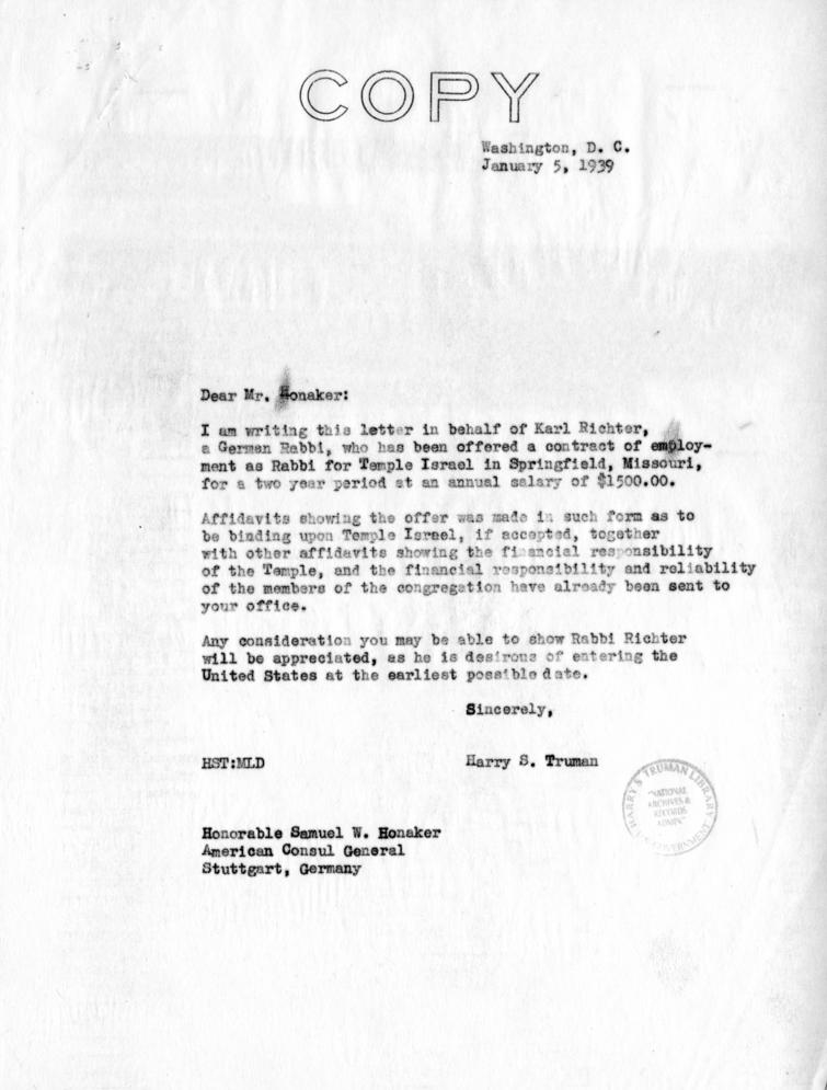 Harry S. Truman to Samuel Honaker, with related material