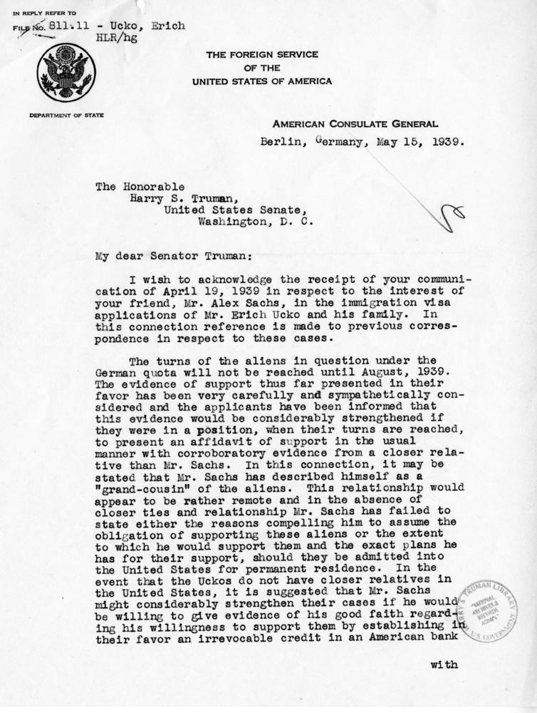 Harry S. Truman to Alex Sachs, with attachment