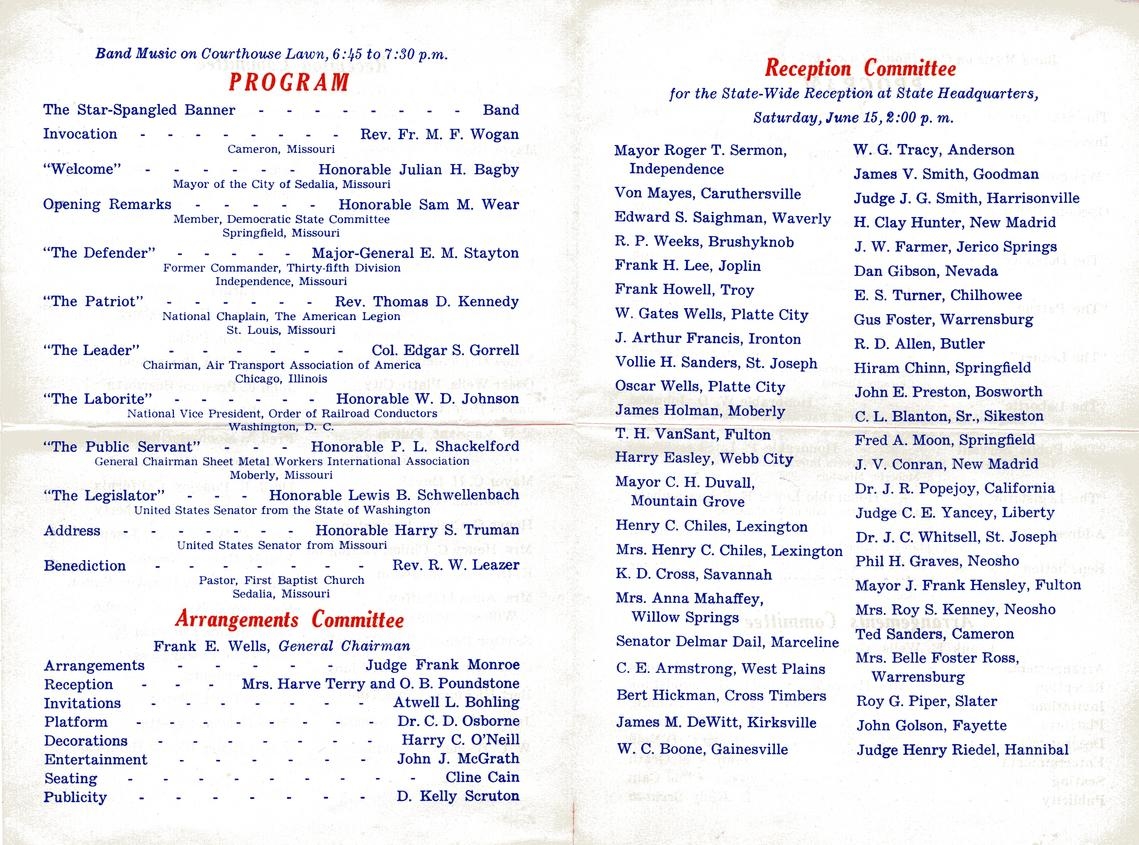 Program for Reception for Harry S. Truman