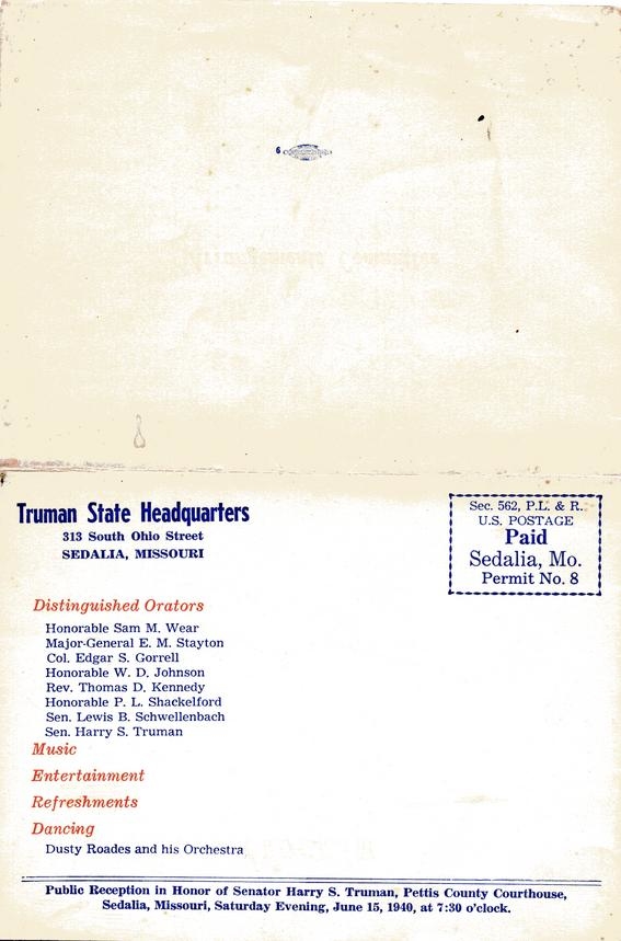 Program for Reception for Harry S. Truman