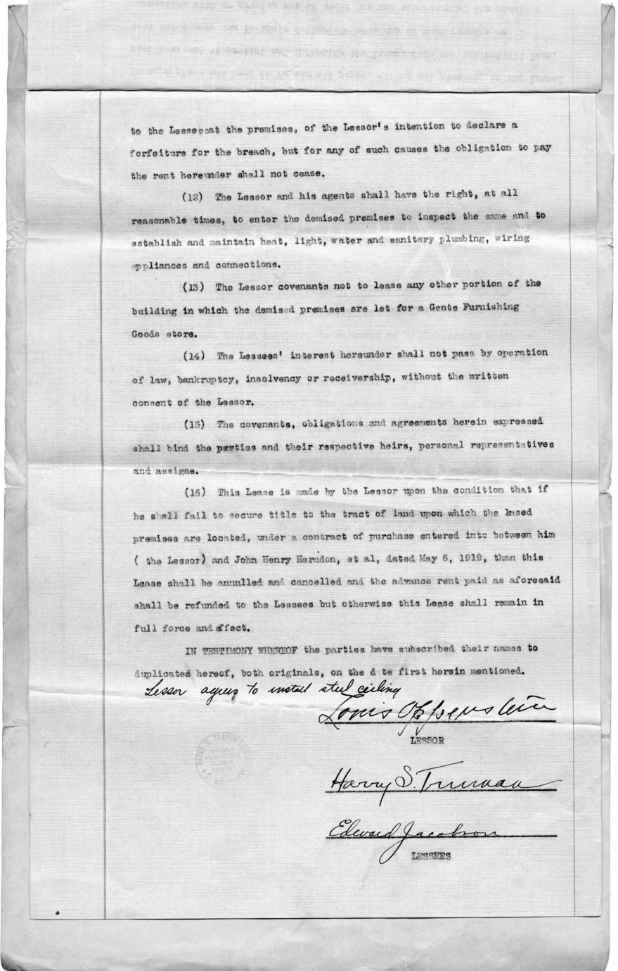 Lease, Louis Oppenstein to Harry S. Truman and Edward Jacobson