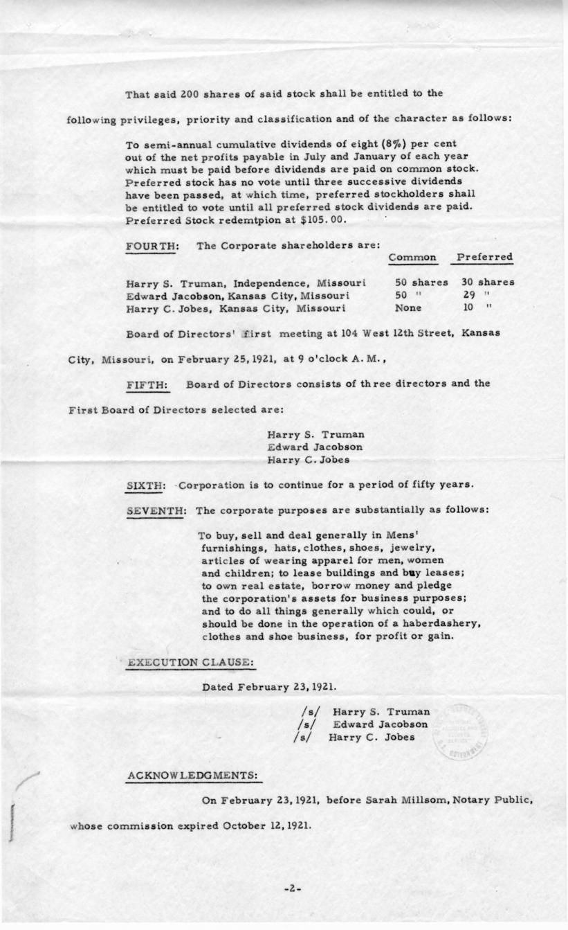 Resume of Articles of Incorporation