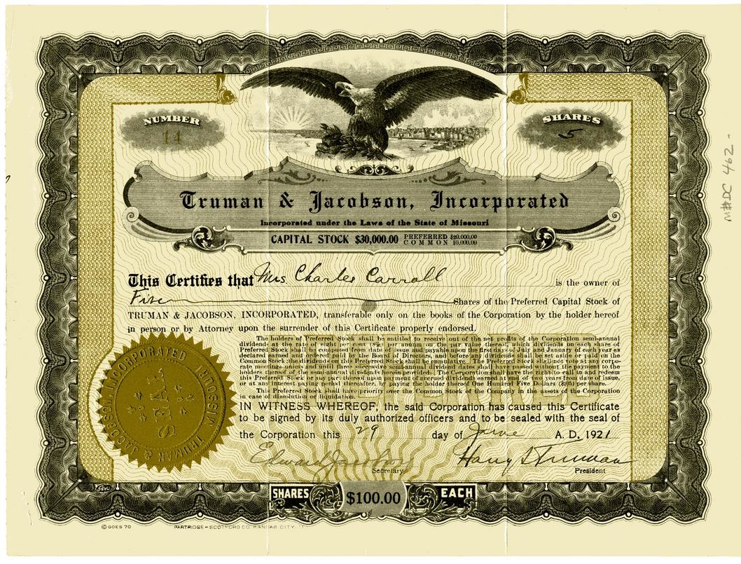Truman-Jacobson, Inc. Certificate