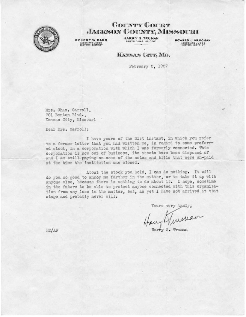 Correspondence between Harry S. Truman and Ed Carroll, with attachments