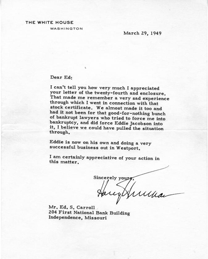 Correspondence between Harry S. Truman and Ed Carroll, with attachments