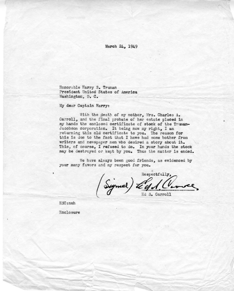 Correspondence between Harry S. Truman and Ed Carroll, with attachments