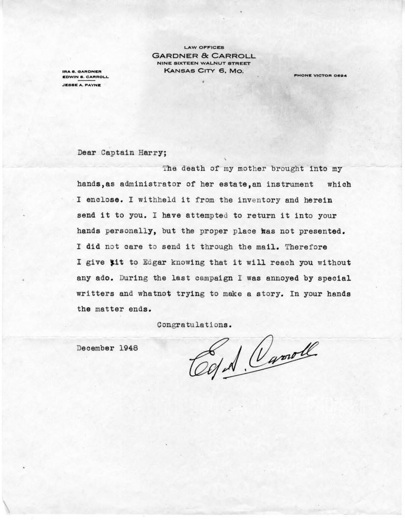 Correspondence between Harry S. Truman and Ed Carroll, with attachments