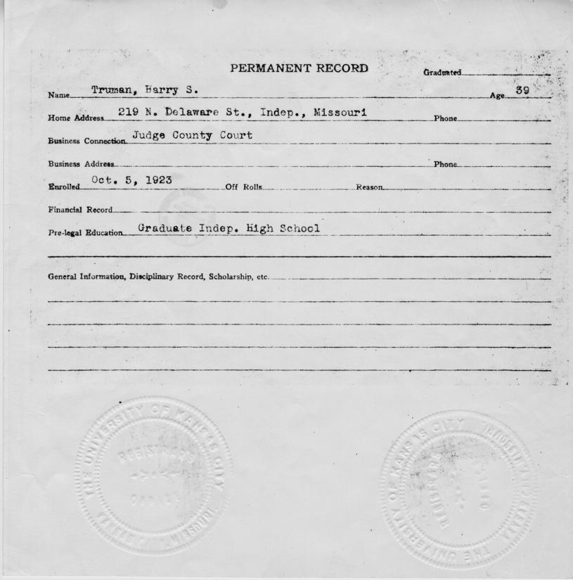 Kansas City School of Law Transcript of Harry S. Truman