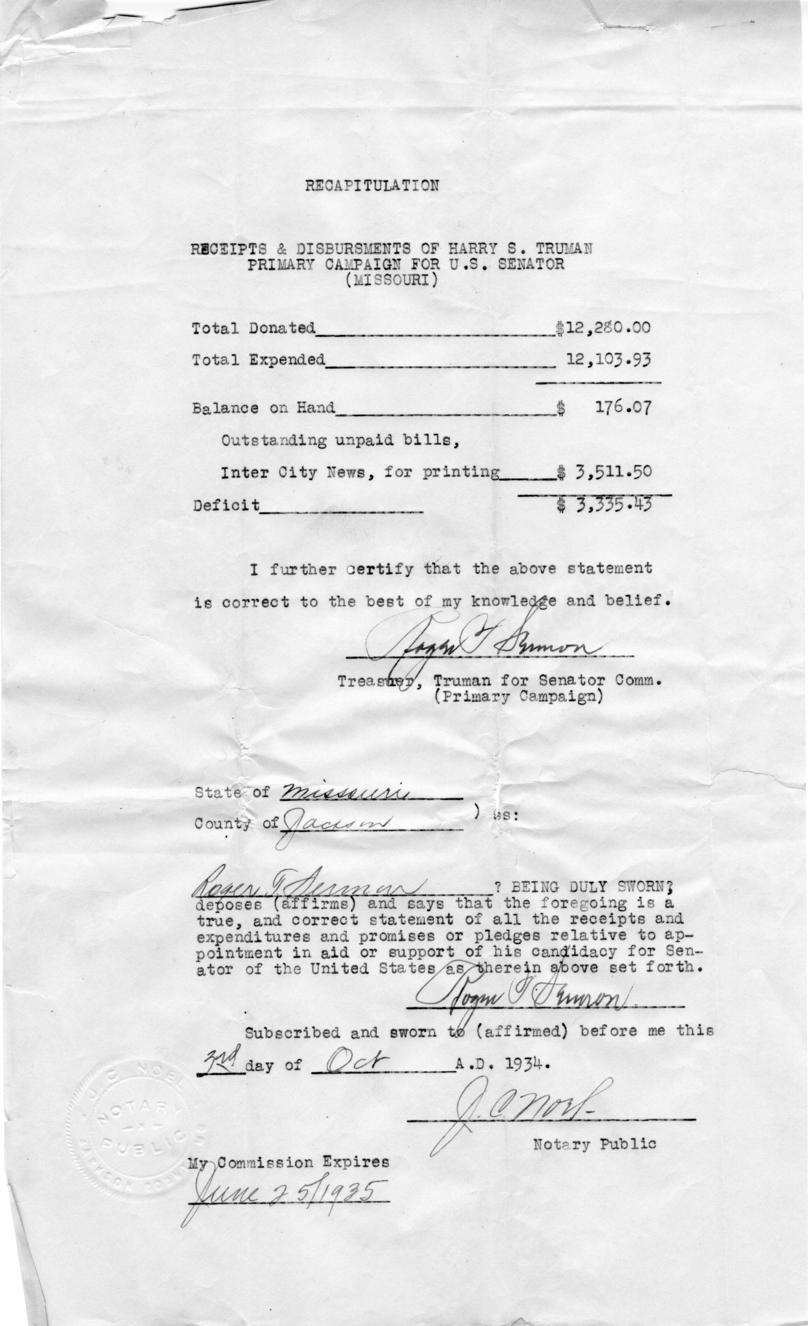 Recapitulation of Receipts and Disbursements of Harry S. Truman