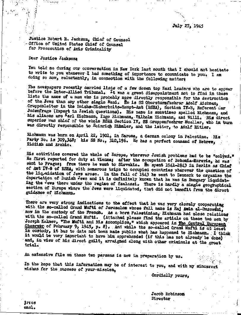 Letter from Jacob Robinson to Robert H. Jackson