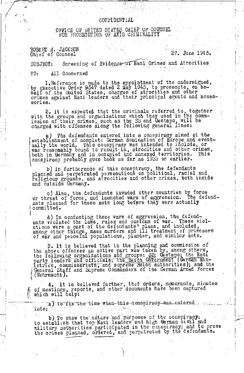 Memorandum from Robert H. Jackson, \"Screening of Evidence of Nazi Crimes and Atrocities\"