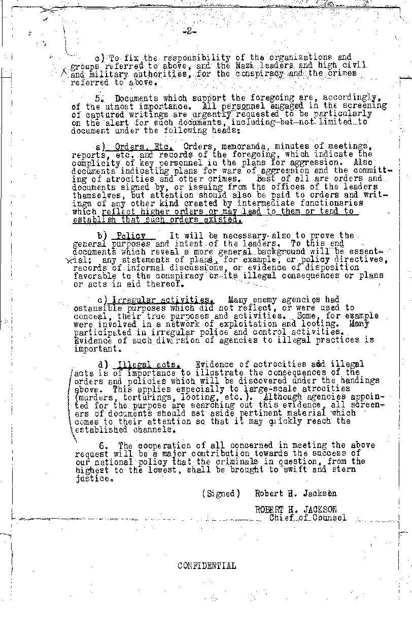 Memorandum from Robert H. Jackson, \"Screening of Evidence of Nazi Crimes and Atrocities\"