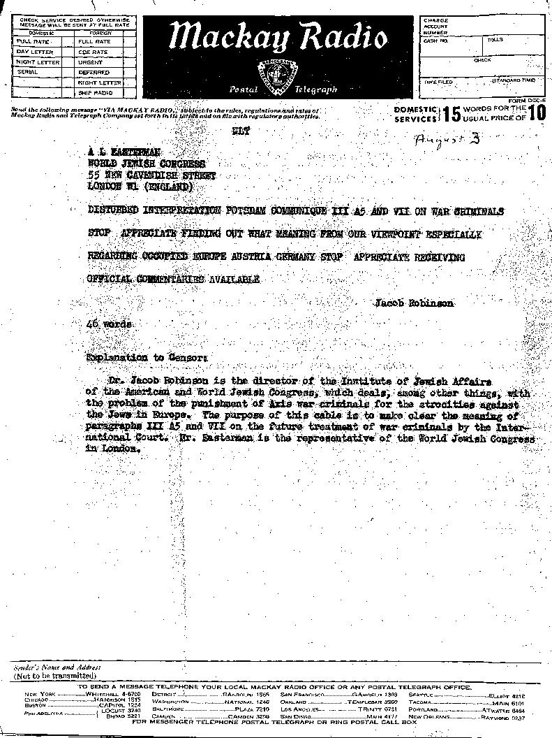 Telegram from Jacob Robinson to A. L. Easterman