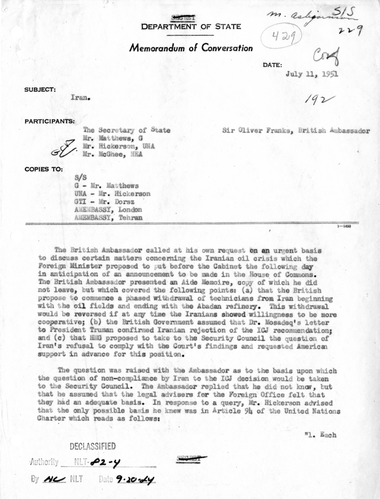 Memorandum of Conversation with Memorandum of Conversation with Ambassador Sir Oliver Franks of Great Britain, H. Freeman Matthews, John D. Hickerson, and George C. McGhee