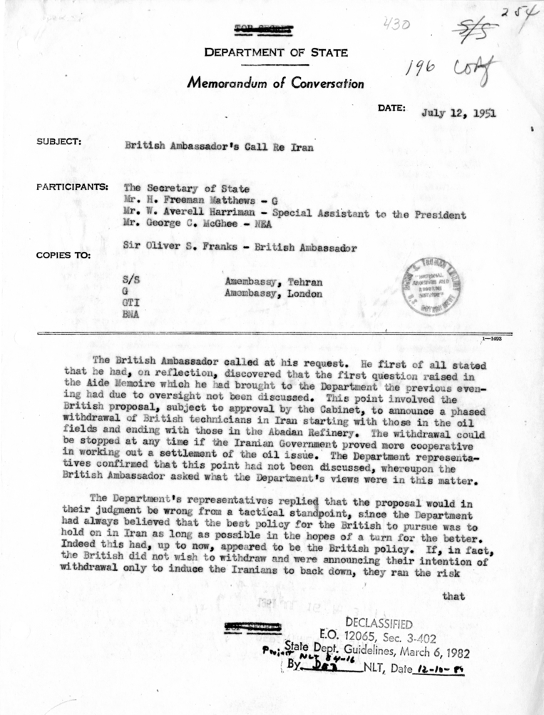 Memorandum of Conversation with Ambassador Sir Oliver Franks of Great Britain, H. Freeman Matthews, W. Averell Harriman, and George C. McGhee