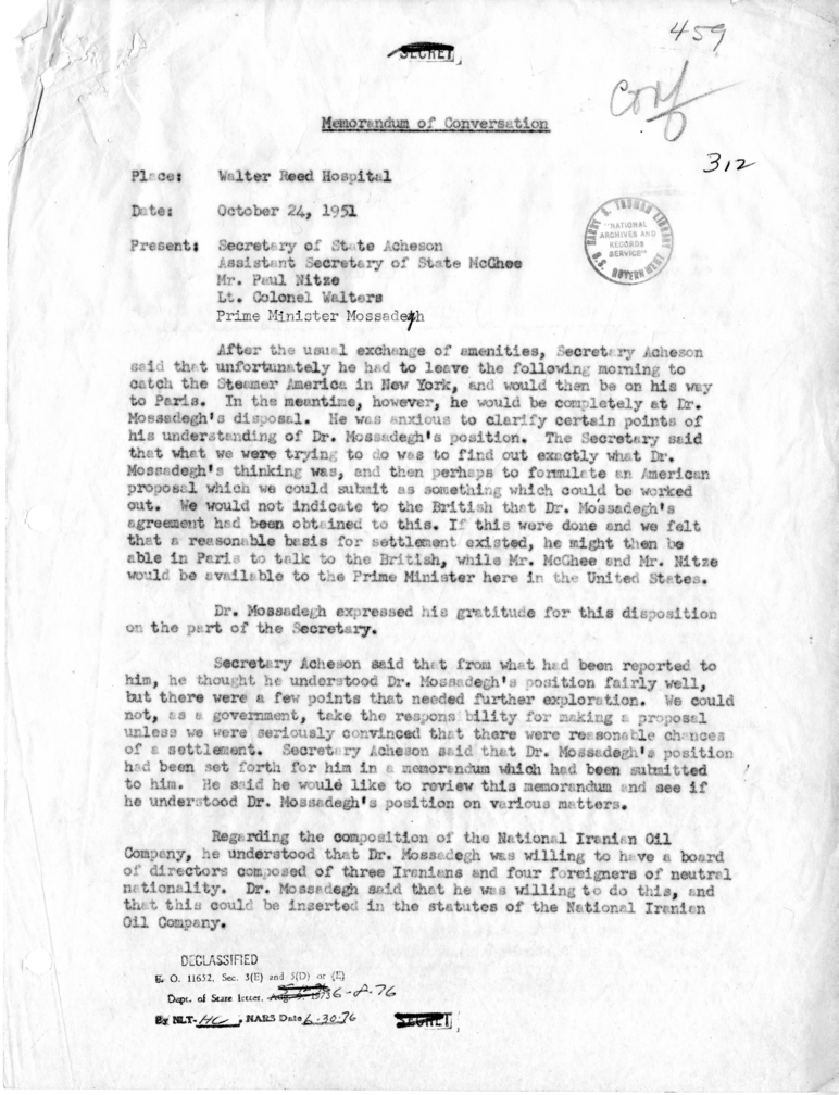 Memorandum of Conversation with Prime Minister Mohammad Mosaddeq of Iran, Assistant Secretary of State George C. McGhee, Paul Nitze and Lieutenant Colonel Walters