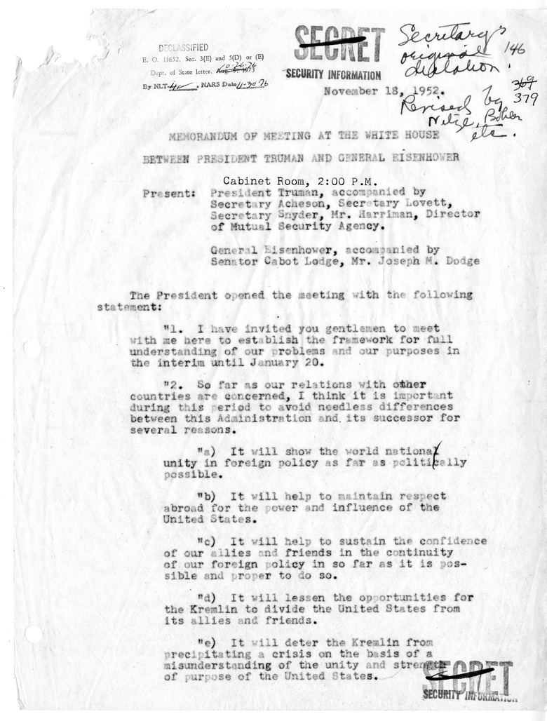 Memorandum of Meeting with President Harry S. Truman, Secretary of the Treasury John Snyder, Secretary of Defense Robert Lovett, Averell Harriman, and President-Elect Dwight D. Eisenhower, Senator Henry Cabot Lodge, and Joseph M. Dodge