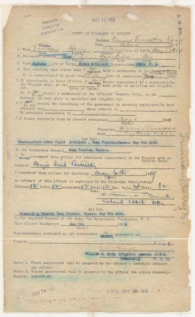 Report of Discharge of Harry S. Truman