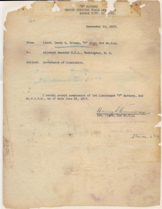 Acceptance of Commission, First Lieutenant by Harry S. Truman