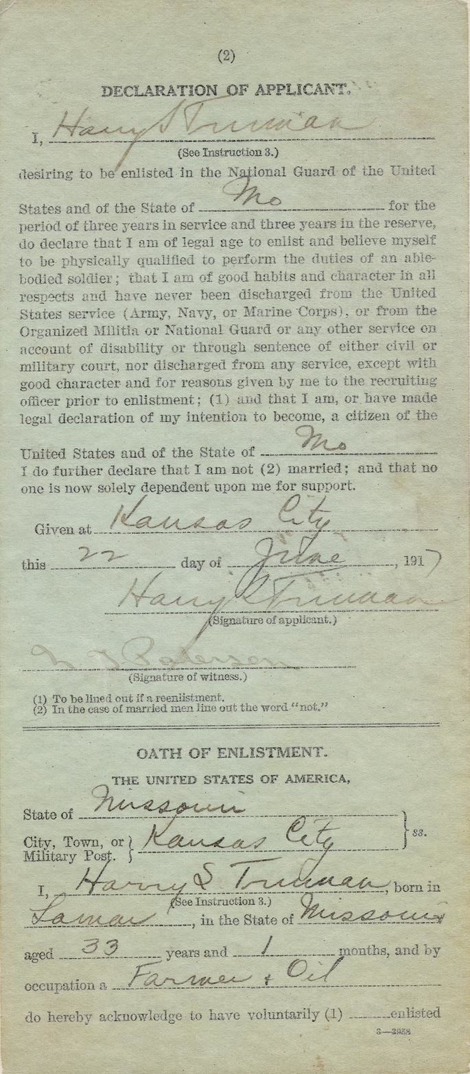 Harry S. Truman\'s National Guard Enlistment Papers