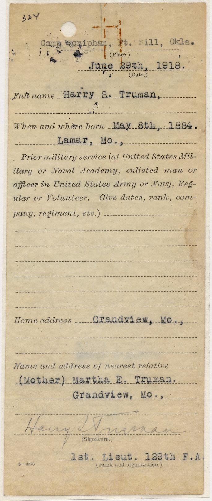 Harry S. Truman\'s National Guard Enlistment Papers