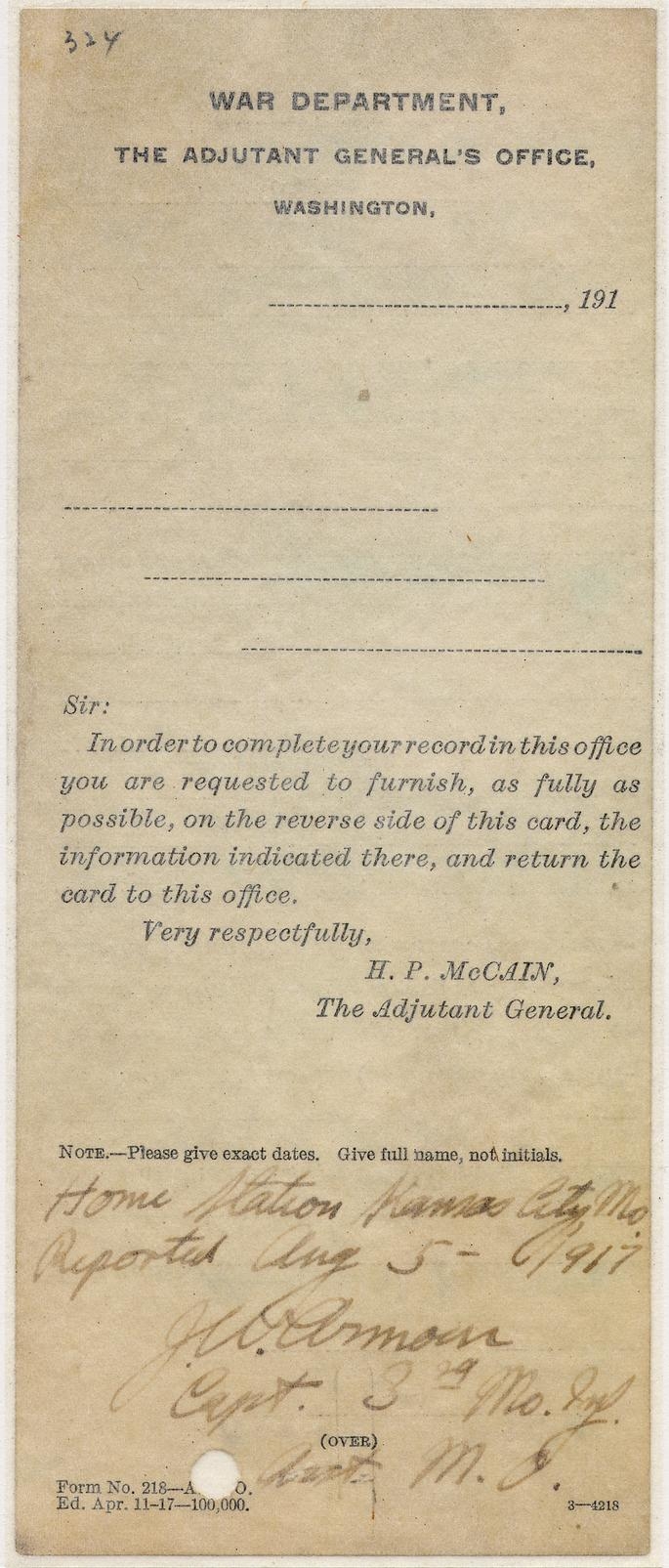 Harry S. Truman\'s National Guard Enlistment Papers