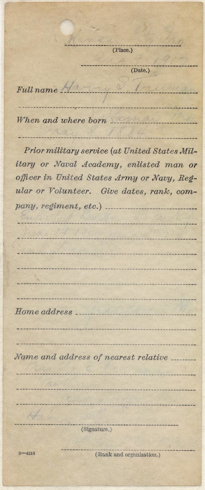 Harry S. Truman\'s National Guard Enlistment Papers