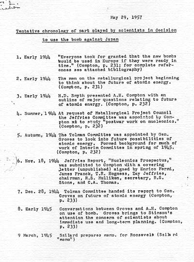 \"Tentative chronology of part played by scientists in decision to use the bomb against Japan\"
