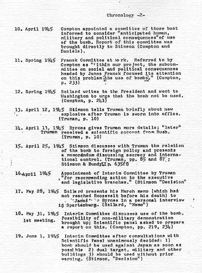 \"Tentative chronology of part played by scientists in decision to use the bomb against Japan\"
