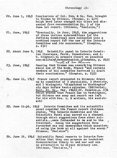 \"Tentative chronology of part played by scientists in decision to use the bomb against Japan\"
