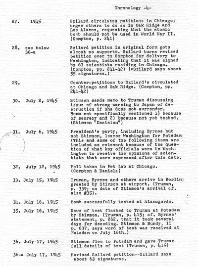 \"Tentative chronology of part played by scientists in decision to use the bomb against Japan\"
