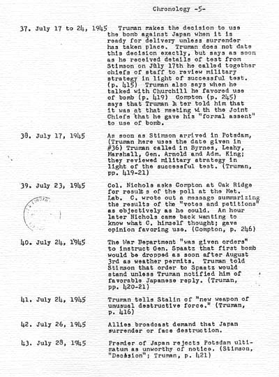 \"Tentative chronology of part played by scientists in decision to use the bomb against Japan\"
