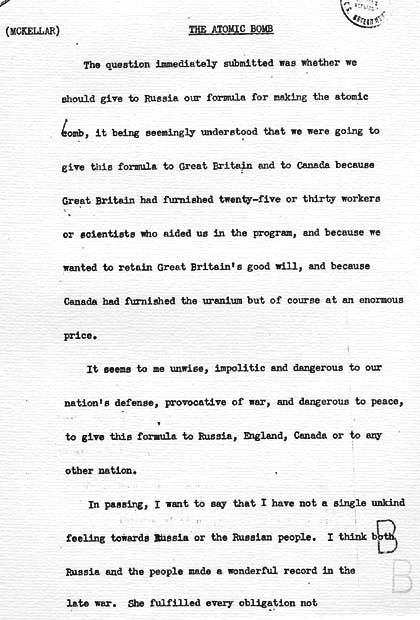 Kenneth McKellar to Harry S. Truman, accompanied by a report