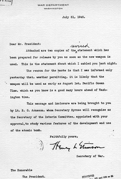 Henry Stimson to Harry S. Truman, with attached draft press release