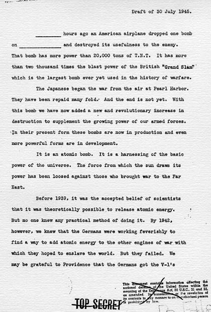 Henry Stimson to Harry S. Truman, with attached draft press release