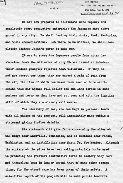 Henry Stimson to Harry S. Truman, with attached draft press release