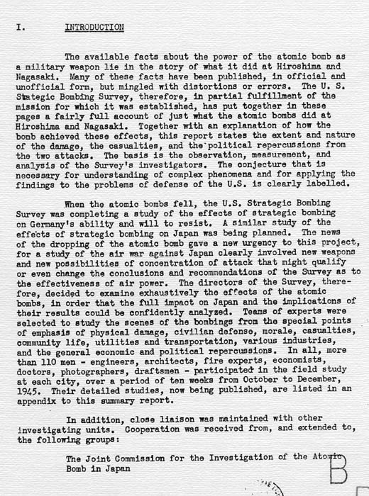 U. S. Strategic Bombing Survey: The Effects of the Atomic Bombings of Hiroshima and Nagasaki