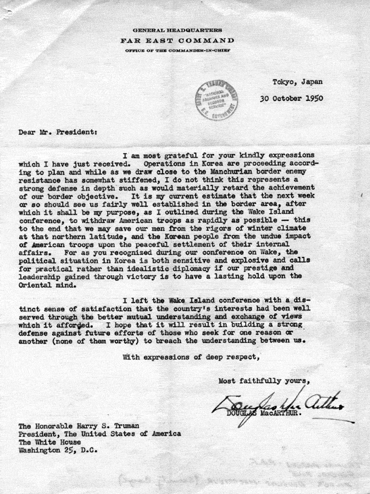 Douglas MacArthur to Harry S. Truman, with draft letter to MacArthur by George Elsey