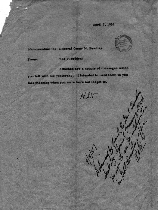 Harry S. Truman to Omar Bradley, with attachments