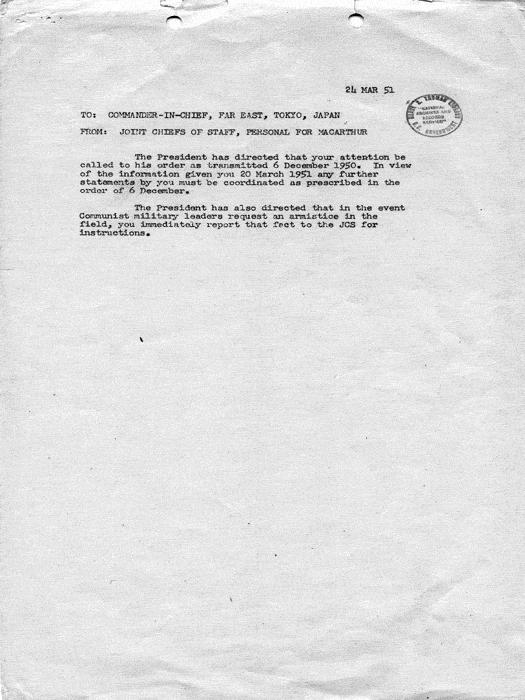 Joint Chiefs of Staff to Douglas MacArthur, attached to copy of letter from Douglas MacArthur to Joe Martin