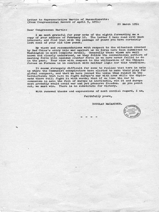 Joint Chiefs of Staff to Douglas MacArthur, attached to copy of letter from Douglas MacArthur to Joe Martin