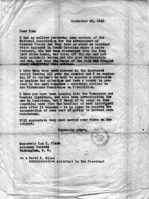 Letter, Harry S. Truman to Attorney General Tom Clark, with attached memo to David Niles  
