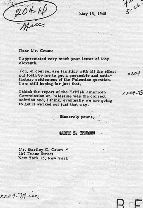 Correspondence between Bartley C. Crum and Harry S. Truman