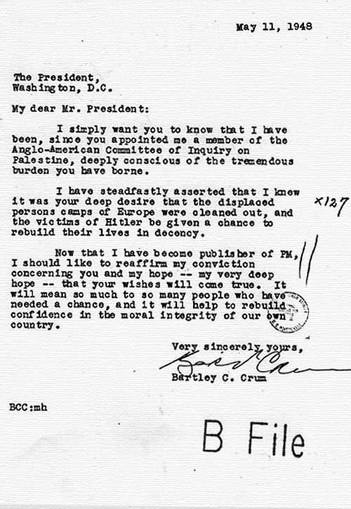 Correspondence between Bartley C. Crum and Harry S. Truman