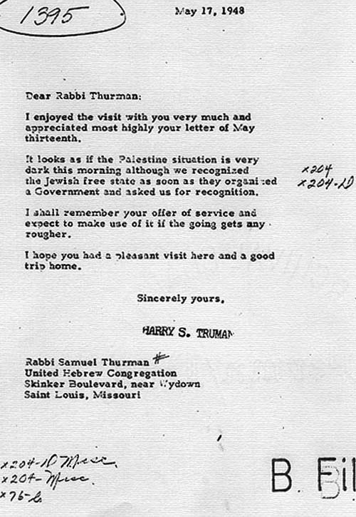 Correspondence between Rabbi Samuel Thurman and Harry S. Truman